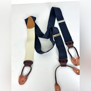 Brooks Brothers Men’s Navy and Silver Button-End Suspenders Leather Trim
